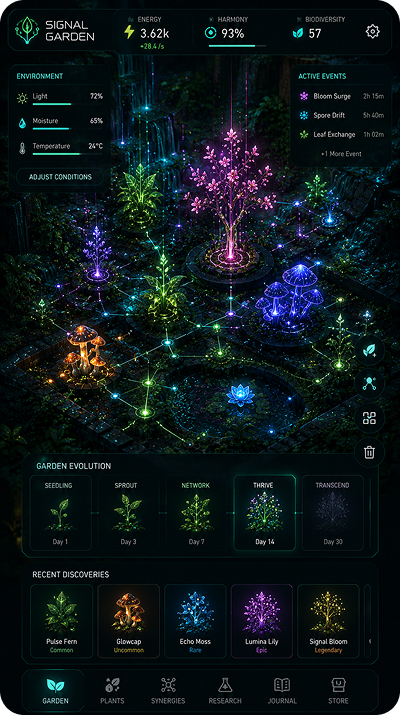 Signal Garden gameplay — expanded ecosystem view